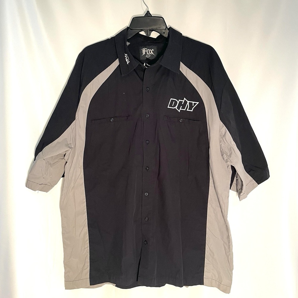 Fox Racing Shirt Mens 2XL Black Gray Short Sleeve Button Up Motorcycle Mechanics